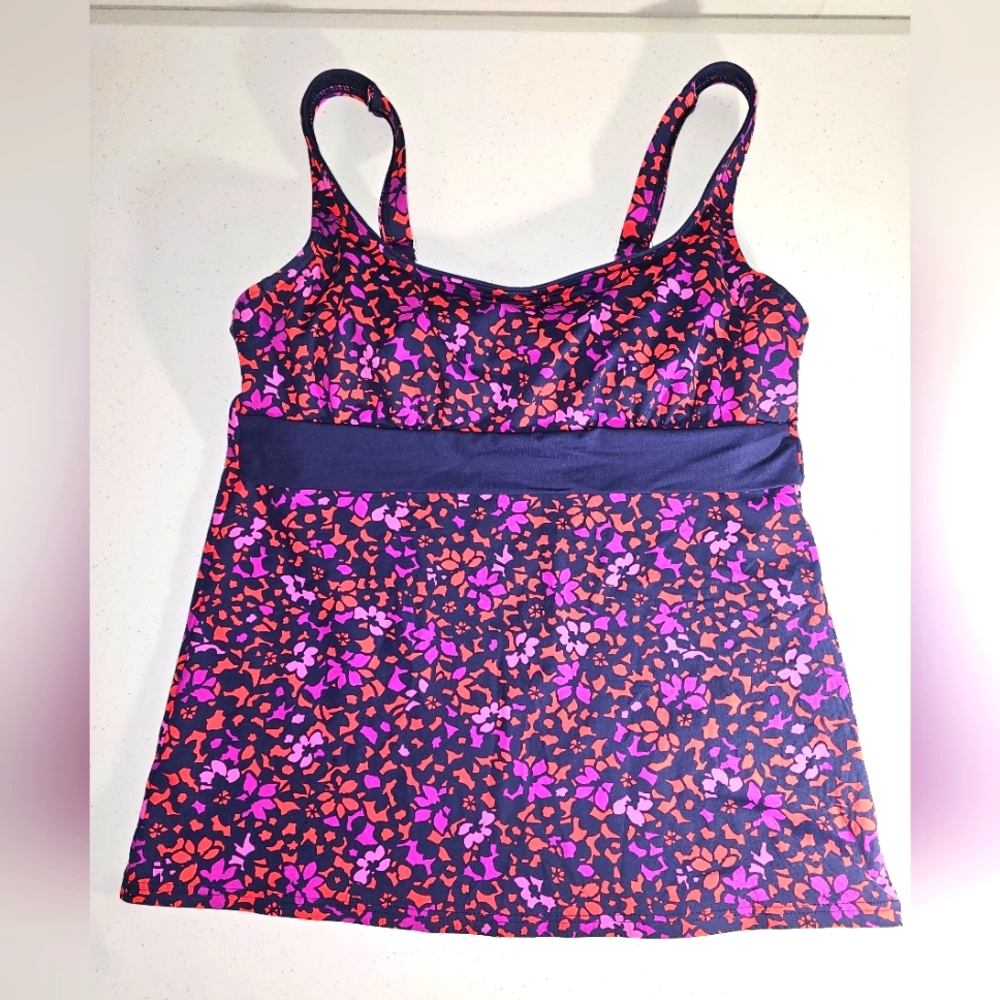 Lands' End Women's Square Neck Underwire Tankini  Red Purple Pink Floral 8L NWOT